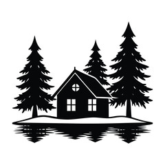 Obraz premium Winter Cabin by Frozen Lake Vector Silhouette Landscape