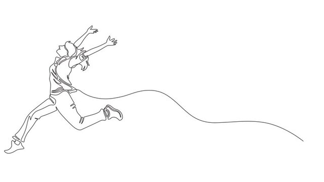 young beauty dancer woman on jumping exercise continuous one line drawing animation, Self-drawing simple animation of continuous one line Woman dancer jumping with passion. Drawing by hand, black sing