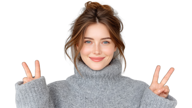 Cheerful Young Woman Showing Peace Signs With Both Hands Wearing A Cozy Gray Turtleneck Sweater With A Soft Smile And Blue Eyes Against A Transparent Background