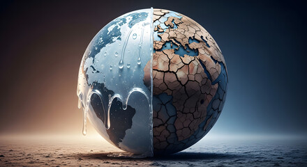 Melting ice globe or cracked earth composition