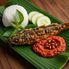 Indonesian fried catfish with sambal and fresh vegetables served on banana leaf.