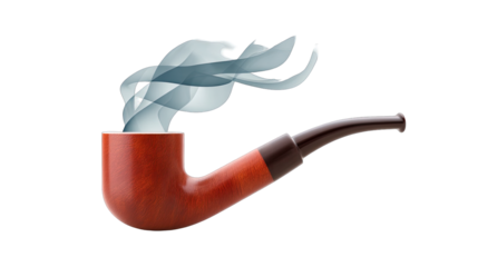 Classic Wooden Smoking Pipe Emitting Wisps of White and Blue Smoke on a Transparent Background