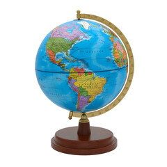 World globe on a wooden stand educational geography tool isolated on white background