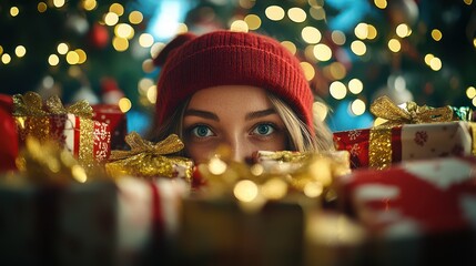 A Festive Glimpse: A woman with captivating eyes peeks out from behind a pile of holiday presents, immersed in the warm glow of Christmas lights and a decorated tree.