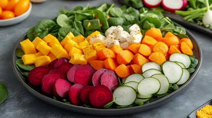 Colorful breakfast vegetable salad with radish, beets, and spinach