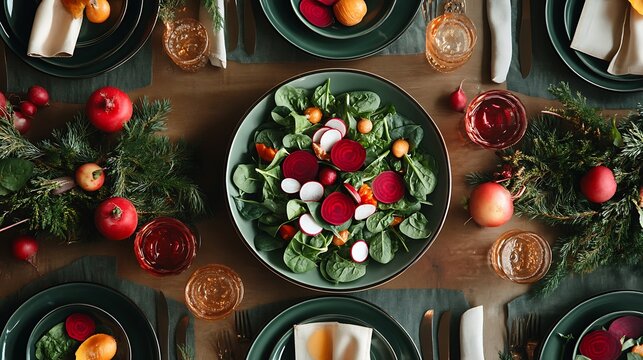 Colorful breakfast vegetable salad with radish, beets, and spinach