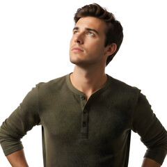 Young man looking up with hands on hips isolated on white concept of aspiration and future vision