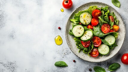 Fresh vegetable salad with cucumber, tomato, lettuce, and olive oil drizzle