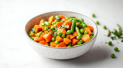 Minimal bowl of vegetable medley carrots, green beans, peas white backdrop