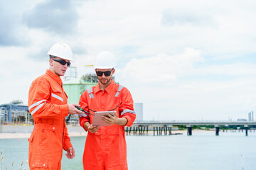 Refinery engineers discussing data on digital tablet at oil plant.