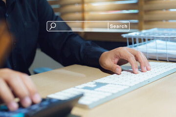 Woman typing on keyboard with holographic search box, AI search.