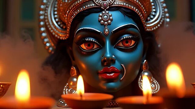 Fierce close-up portrait of Maa Kali idol with expressive eyes, blue-black skin, silver ornaments, and radiant crown, glowing in warm candlelight during Kali Puja festival, symbolizing power and destr