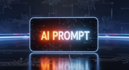 Ai prompt text glowing on a futuristic dark background