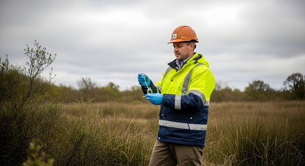 Environmental scientist in protective gear testing water quality outdoors.