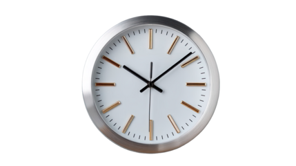 Centered Studio Photo of a Black and Silver Analog Clock with White Face and Gold Hour Markers on a Transparent Background