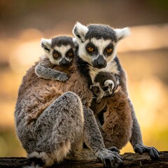 Obraz premium A ring-tailed lemur family cuddles together, displaying their dark rings
