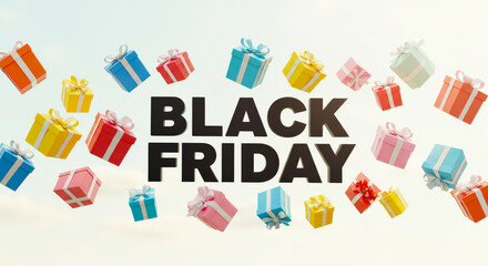 Colorful gift boxes with Black Friday text on bright background  
