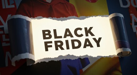 Torn paper displaying Black Friday text against colorful background  