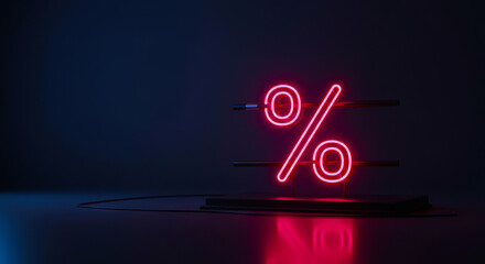 Neon percentage sign illuminated in red against dark background  