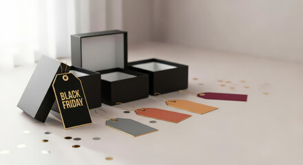 Black Friday gift boxes with colorful tags on a neutral background  