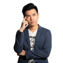 Thoughtful young Asian man in a blazer pondering a solution isolated on a white background