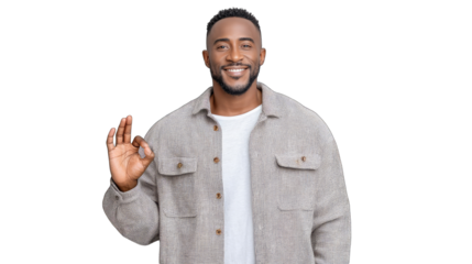 Cheerful Black Man Gesturing Okay Sign with a Smile Wearing a Patterned Jacket and White Shirt Isolated on Transparent Background