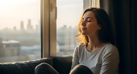 Young woman relaxing by window eyes closed enjoying sunlight and peaceful moment at home.