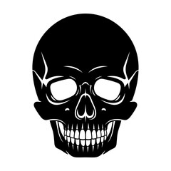 Detailed black skull graphic with realistic shading and prominent teeth for halloween and gothic themed designs isolated on white background