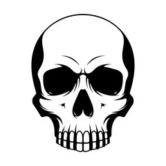 Detailed black and white skull graphic with empty eye sockets and realistic teeth symbolizing mortality and danger isolated on white background