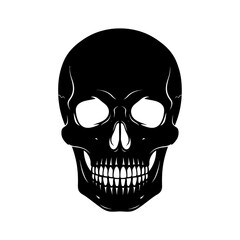 Bold black skull graphic emblem for halloween and gothic themes boldly displayed isolated on white background