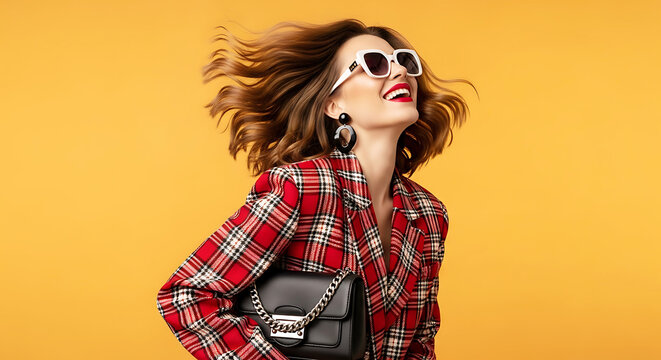 Stylish Woman in Plaid Jacket and Sunglasses