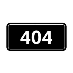 Error 404 not found message displayed on black rectangular sign with white border and bold white numbering isolated on white background