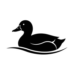 Silhouette of a black duck swimming gracefully on water with gentle waves a simple and elegant aquatic bird design isolated on white background