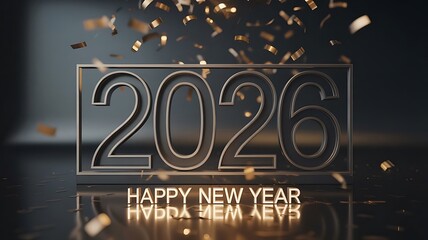 2026 Happy New Year Celebration with Golden Confetti, Modern Metallic Numbers, and Elegant Dark Background for Luxury Festive Greeting Design