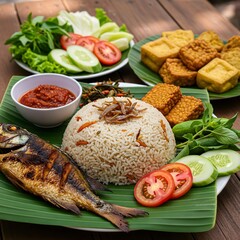Traditional Sundanese rice dish with anchovies, tempeh, and chili sambal.
