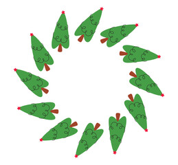 A festive round frame with green Christmas trees. The simple vector design perfect for New Year holiday greetings.