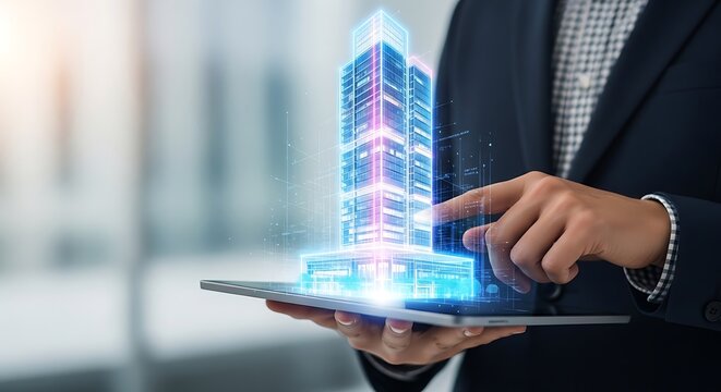 Holographic skyscraper blueprint interaction building