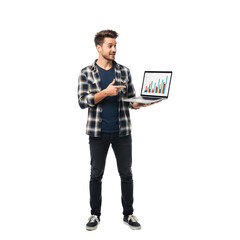 Young man pointing at a laptop with a bar graph standing on a white background ideal for business presentations and data analysis concepts
