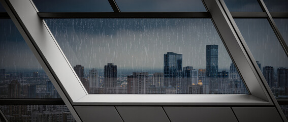 Moody urban skyline of city viewed through window during rain, lonely and contemplative moment