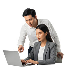 Asian business colleagues working together on a laptop discussing project details isolated on white background
