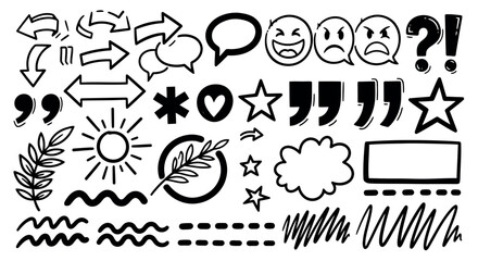 Hand-drawn doodle elements including arrows speech bubbles and stars vector illustration for design and decoration isolated on whi