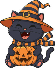halloween cat with pumpkin and hat