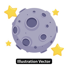 Stylized cartoon illustration of a gray moon with craters, a celestial body in space surrounded by bright yellow stars