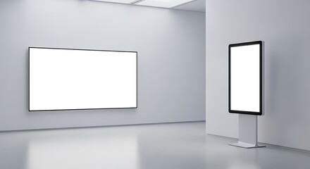 Modern minimalist gallery interior with a large blank white wall screen and a vertical digital display kiosk, offering an empty canvas for content, advertising, or art
