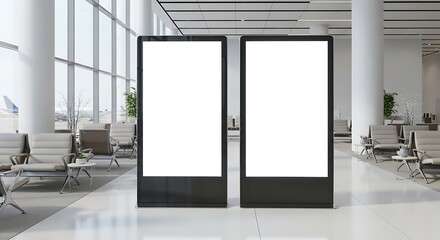 Two prominent blank digital display screens stand ready for content in a spacious, modern airport terminal lounge, offering prime visibility for advertisements or information