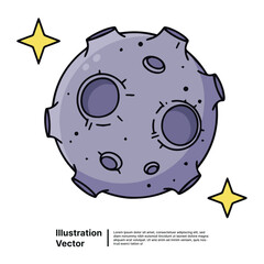 Cute cartoon moon illustration with textured craters and radiant stars, perfect for space exploration graphics