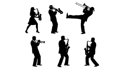 Silhouettes of jazz musicians playing instruments including saxophone trumpet and trombone vector illustration for music events an