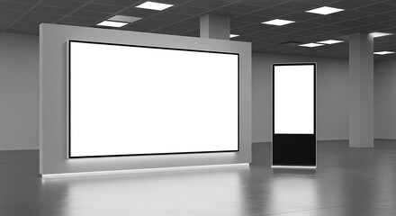 Modern exhibition hall interior featuring a large blank horizontal digital screen and a vertical information kiosk for advertising mockups