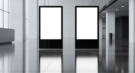 Blank Digital Signage Displays in a Modern Lobby Ideal for Advertisement and Information