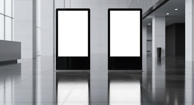 Blank Digital Signage Displays in a Modern Lobby Ideal for Advertisement and Information